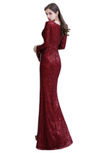 Preciosos vestidos de noche de sirena con lentejuelas, manga larga y escote en V