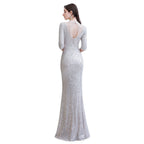 Magnifique robe de bal longue argentée à manches longues
