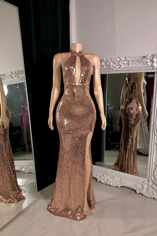 Gorgeous Sleeveless High Neck Split Front Mermaid Prom Dress