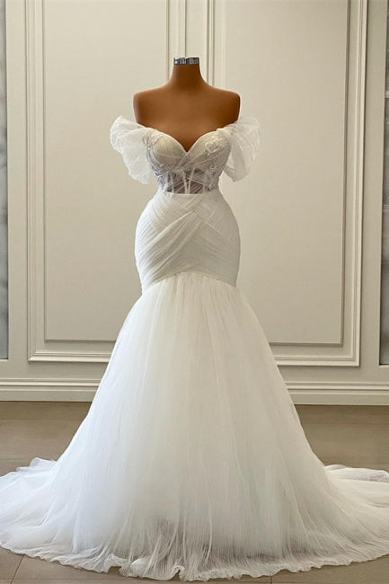 Magnifique robe de mariée sirène sans manches et bustier à épaules dénudées
