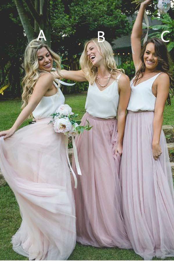 Magnifique robe de demoiselle d'honneur deux pièces en tulle rose, longue, avec haut blanc BD069