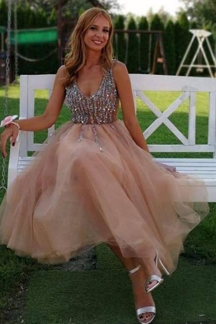 Magnifique robe de soirée pêche à col en V ornée de perles PD417