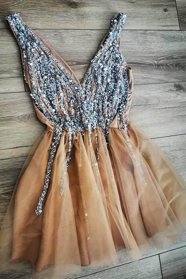 Magnifique robe de soirée pêche à col en V ornée de perles PD417