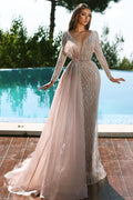 Magnifique robe de bal sirène en dentelle à sequins, col en V et manches longues