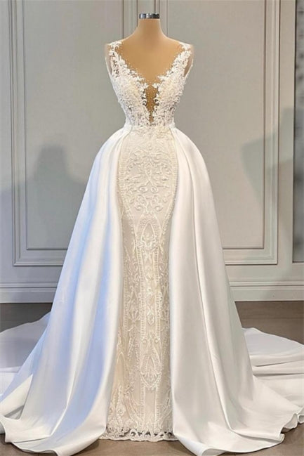 Magnifique robe de mariée trapèze sans manches à col en V avec traîne amovible