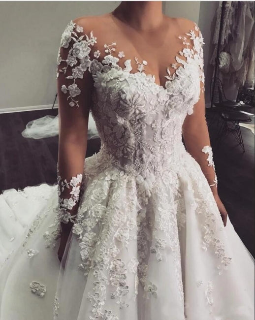 Magnifique robe de mariée blanche en dentelle florale 3D, col bijou, tulle, coupe trapèze, manches longues 
