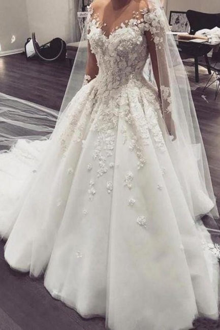 Magnifique robe de mariée blanche en dentelle florale 3D, col bijou, tulle, coupe trapèze, manches longues 