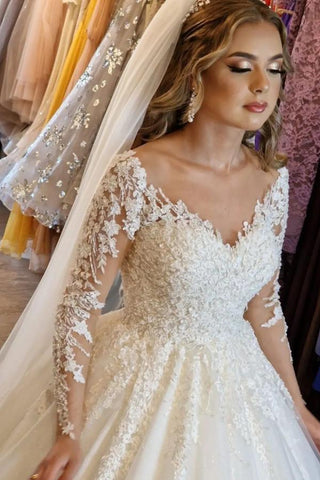 Gorgeous White Long A-line V-neck Lace Wedding Dress with Sleeves