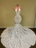 Gorgeous White V-Neck Sleeveless Prom Dress Mermaid Lace Bottom Flowers