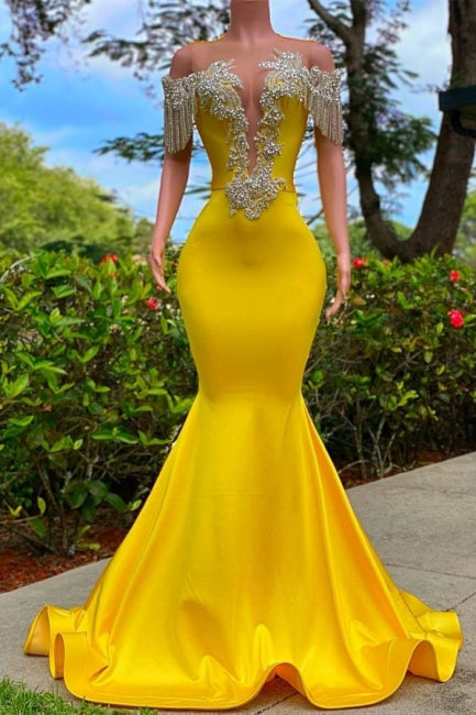 Magnifique robe de bal jaune à franges, épaules dénudées, perles et volants