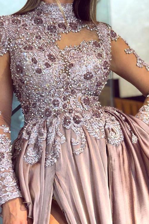 Graceful High-Neck Lace Appliques Prom Dresses With Split See Through Evening Gowns