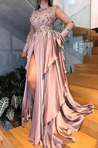 Elegantes vestidos de graduación con cuello alto, apliques de encaje y abertura, con vestidos de noche transparentes