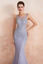 Graceful Long Jewel Tulle Mermaid Evening Dress