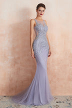Graceful Long Jewel Tulle Mermaid Evening Dress