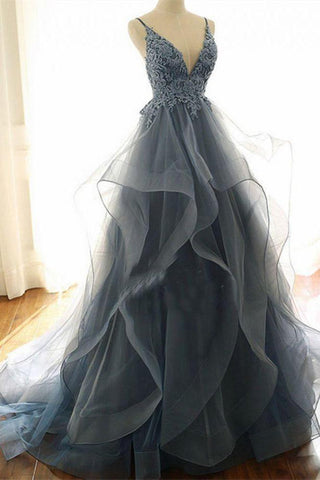 Gray Evening Dresses Tulle V-Neck Ruffles Long Spaghetti Lace Beading Formal Dresses
