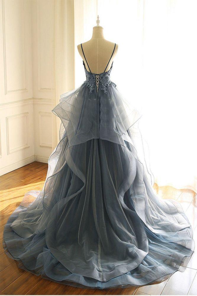 Gray Evening Dresses Tulle V-Neck Ruffles Long Spaghetti Lace Beading Formal Dresses