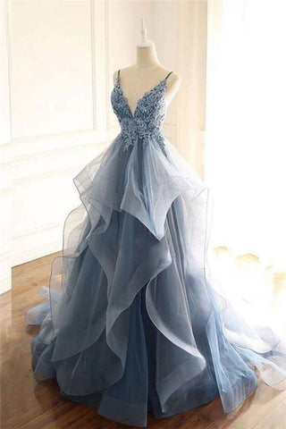 Gray Evening Dresses Tulle V-Neck Ruffles Long Spaghetti Lace Beading Formal Dresses