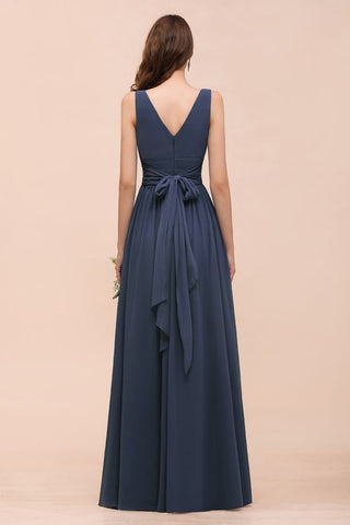 Gray Side Split Bridesmaid Dress V-Neck Sleeveless Floor Length dress for Bride