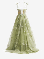 Vestido de fiesta de corte A, estilo mariposa, con corsé de encaje color lila y abertura 