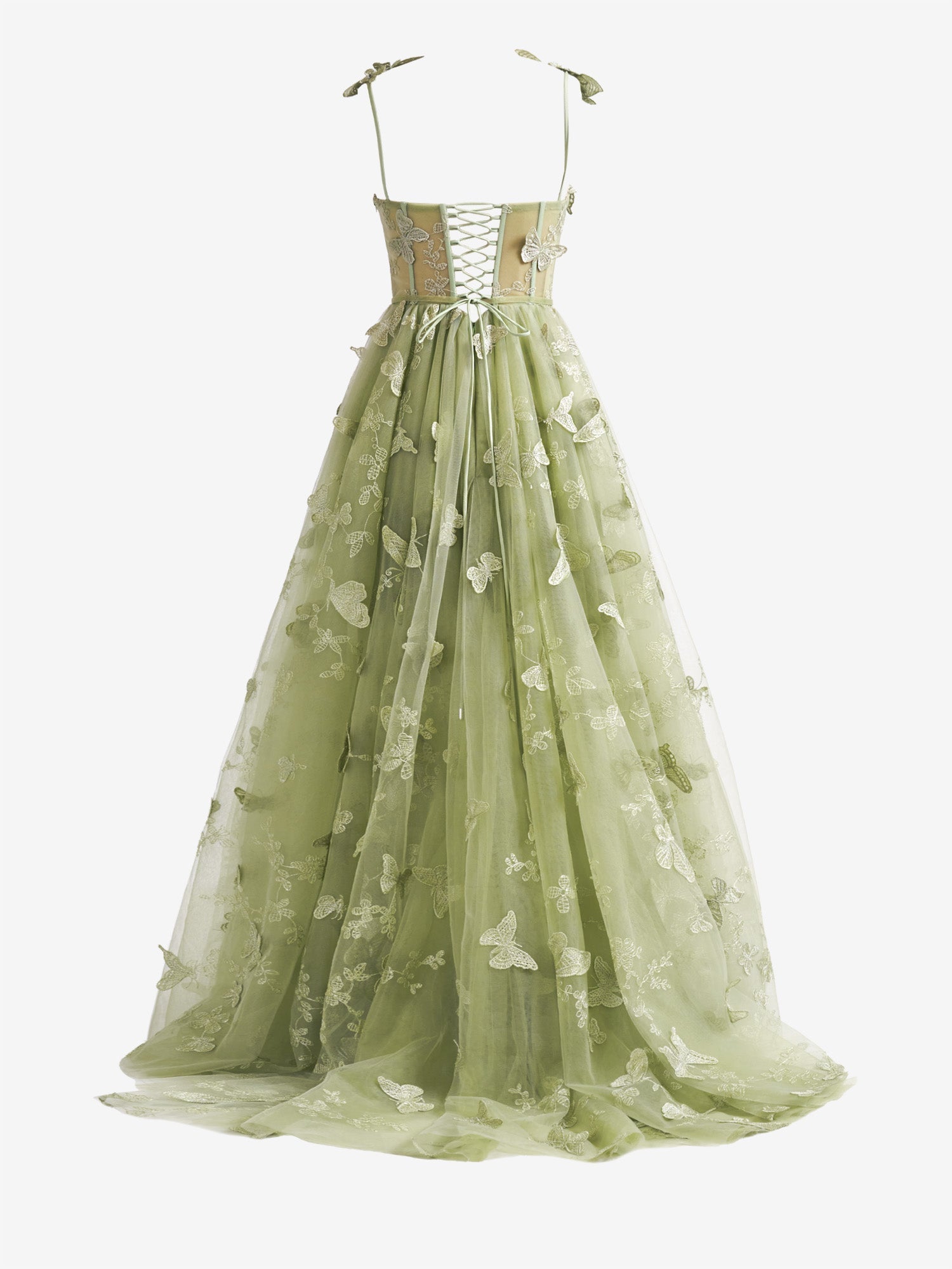 Vestido de fiesta de corte A, estilo mariposa, con corsé de encaje color lila y abertura 