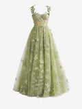 Vestido de fiesta de corte A, estilo mariposa, con corsé de encaje color lila y abertura 