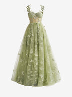 Vestido de fiesta de corte A, estilo mariposa, con corsé de encaje color lila y abertura 