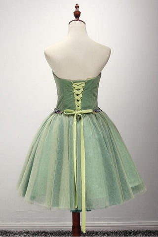 Robe de bal verte courte en tulle à décolleté cœur et perles PG140