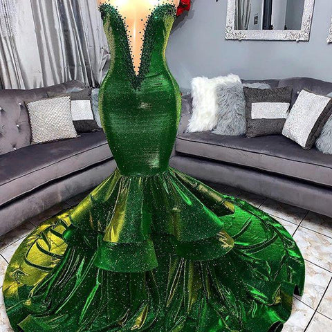 Vestidos de fiesta sirena con volantes verdes glamurosos, elegantes vestidos largos de noche con escote corazón y apliques.