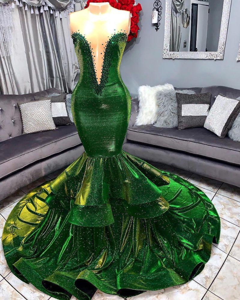 Robes de bal sirène vertes glamour à volants, robes de soirée longues chics à décolleté cœur et appliques