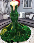Robes de bal sirène vertes glamour à volants, robes de soirée longues chics à décolleté cœur et appliques
