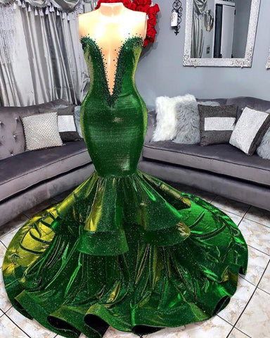 Vestidos de fiesta sirena con volantes verdes glamurosos, elegantes vestidos largos de noche con escote corazón y apliques.