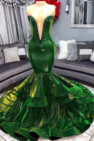 Vestidos de fiesta sirena con volantes verdes glamurosos, elegantes vestidos largos de noche con escote corazón y apliques.