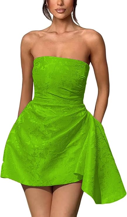Vestido corto de fiesta de bienvenida, sin tirantes, corte en A, de satén jacquard, asimétrico, con cordones.