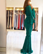 Vestidos largos de fiesta de sirena verde con escote corazón, encaje y mangas