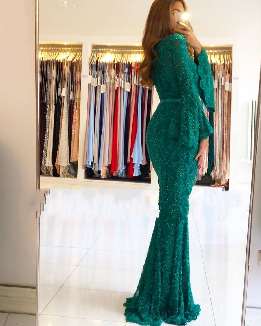 Vestidos largos de fiesta de sirena verde con escote corazón, encaje y mangas