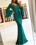 Vestidos largos de fiesta de sirena verde con escote corazón, encaje y mangas