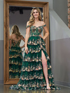 Vestido de graduación tipo corsé con hombros descubiertos y volantes de encaje