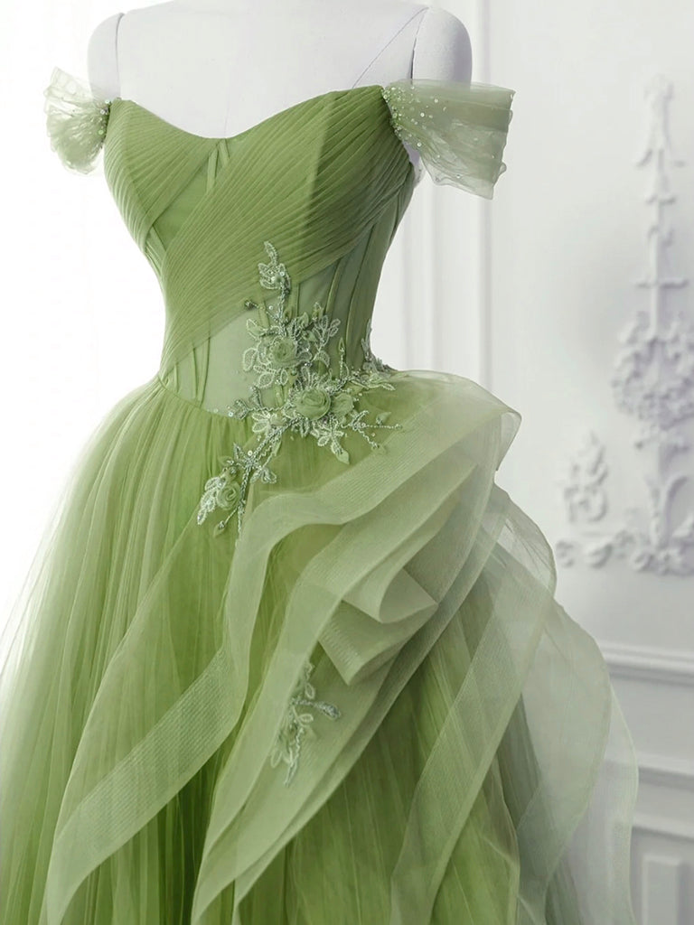 Vestido largo de fiesta de encaje con hombros descubiertos y corte en A