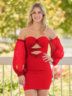 Black Off-the-Shoulder Keyhole Short Homecoming Dress with Balloon Sleeves