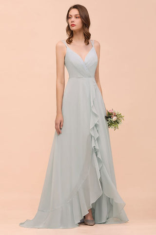 Grey Bridesmaid Dress Spaghetti V-Neck Ruffle Beach Wedding Party Dress