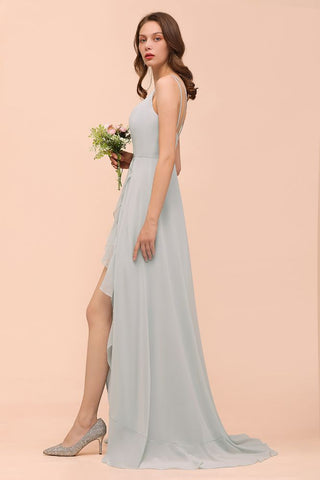 Grey Bridesmaid Dress Spaghetti V-Neck Ruffle Beach Wedding Party Dress