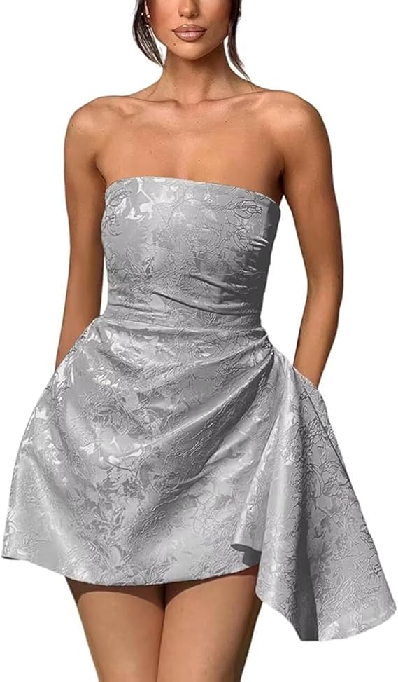 Vestido corto de fiesta de bienvenida, sin tirantes, corte en A, de satén jacquard, asimétrico, con cordones.
