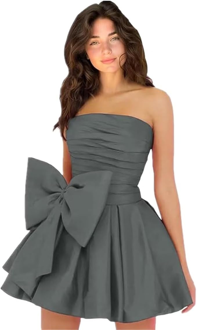 Robes de soirée courtes et chics pour le bal de promo, coupe trapèze, sans manches, bustier, froncées, lacées et ornées d'un nœud.