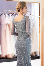 Grey Long Mermaid V-neck Tulle Evening Dresses with Sleeves