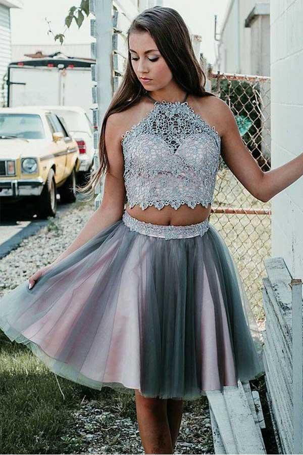 Vestido corto gris de dos piezas con escote halter y encaje para fiesta de bienvenida