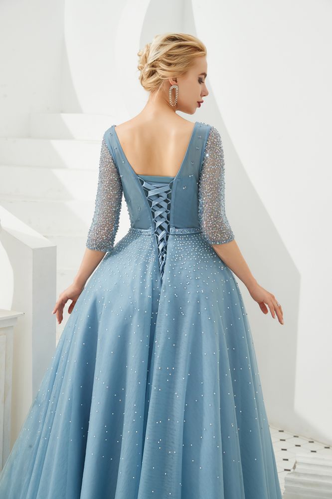 Half Sleeve Aline Tulle Evening Maxi Gown Beads V-Neck Prom Dress