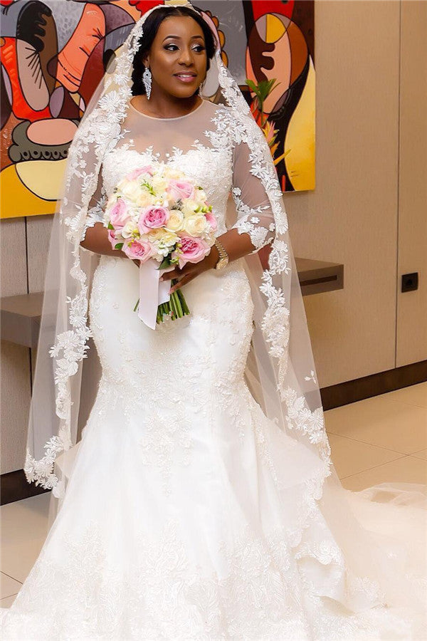 Robe de mariée sirène en tulle transparent à manches courtes et décolleté rond
