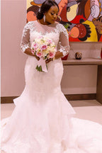 Robe de mariée sirène en tulle transparent à manches courtes et décolleté rond