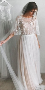 Vestido de novia de media manga, corte A, elegante, sencillo y romántico, de encaje, WD424