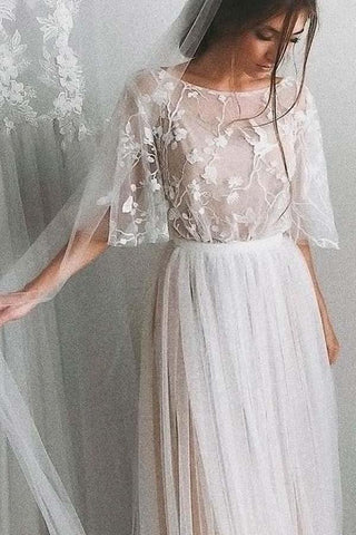 Vestido de novia de media manga, corte A, elegante, sencillo y romántico, de encaje, WD424